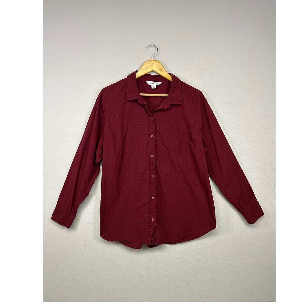 Dark Academia Old Navy Womens XL Burgundy Swiss Dot Classic Button Down Shirt‎